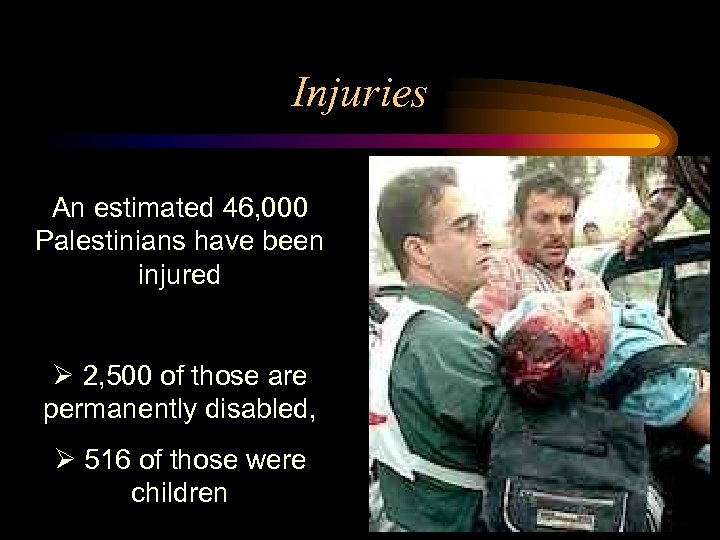 Injuries An estimated 46, 000 Palestinians have been injured Ø 2, 500 of those