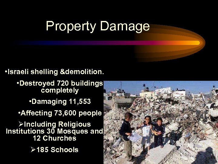 Property Damage • Israeli shelling &demolition. • Destroyed 720 buildings completely • Damaging 11,
