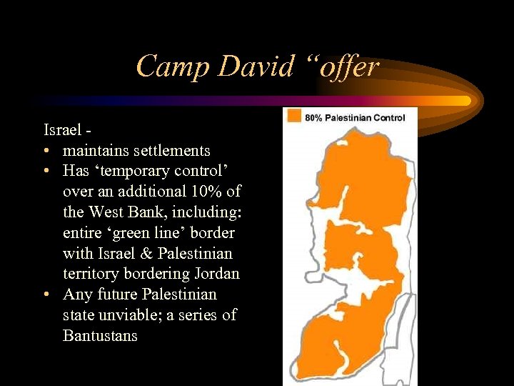 Camp David “offer Israel • maintains settlements • Has ‘temporary control’ over an additional