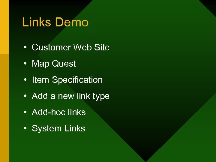 Links Demo • Customer Web Site • Map Quest • Item Specification • Add