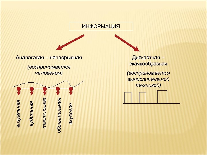 ИНФОРМАЦИЯ Аналоговая – непрерывная вкусовая обонятельная тактильная аудильная визуальная (воспринимается человеком) Дискретная – скачкообразная