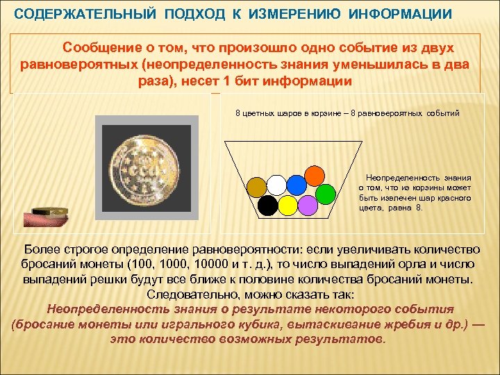 СОДЕРЖАТЕЛЬНЫЙ ПОДХОД К ИЗМЕРЕНИЮ ИНФОРМАЦИИ Сообщение о том, что произошло одно событие из двух