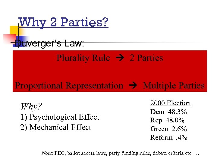 Why 2 Parties? Duverger’s Law: Plurality Rule 2 Parties Proportional Representation Multiple Parties Why?