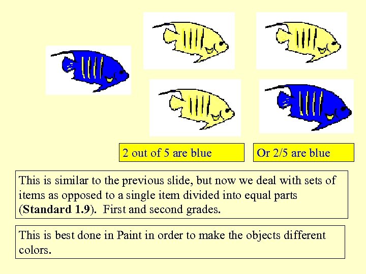 2 out of 5 are blue Or 2/5 are blue This is similar to