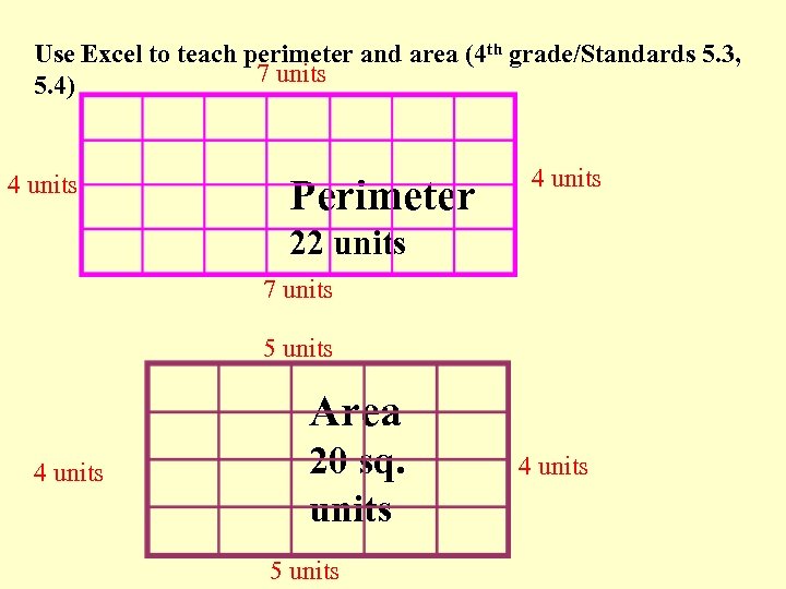 Use Excel to teach perimeter and area (4 th grade/Standards 5. 3, 7 units
