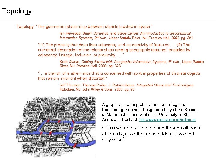 Topology: “The geometric relationship between objects located in space. ” Ian Heywood, Sarah Cornelius,