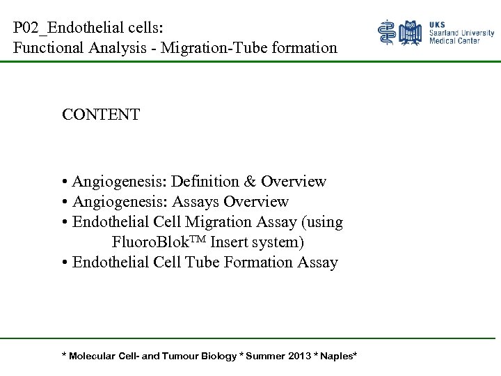 P 02_Endothelial cells: Functional Analysis - Migration-Tube formation CONTENT • Angiogenesis: Definition & Overview