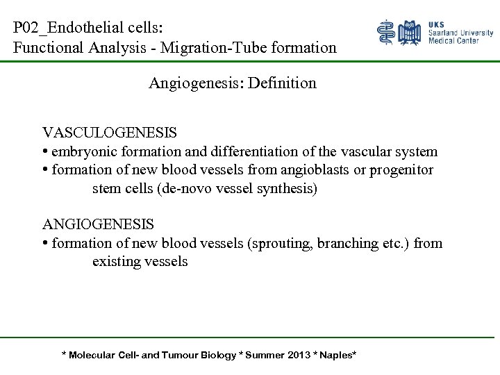 P 02_Endothelial cells: Functional Analysis - Migration-Tube formation Angiogenesis: Definition VASCULOGENESIS • embryonic formation