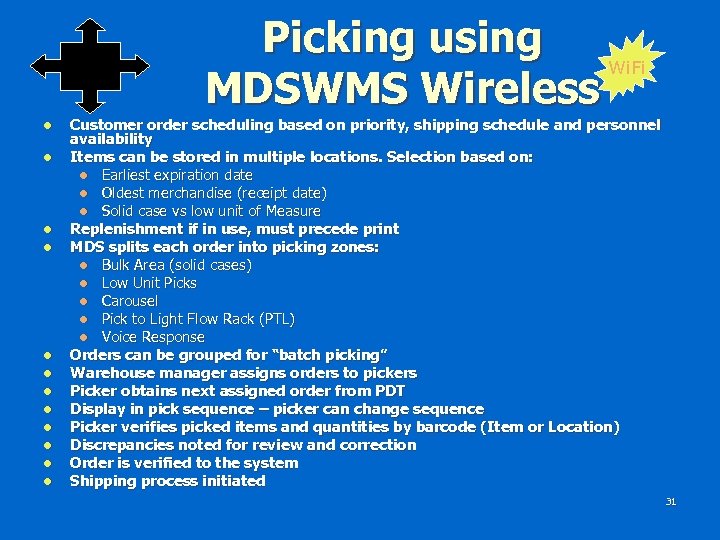 Picking using Wi. Fi MDSWMS Wireless l l l Customer order scheduling based on