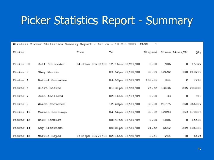 Picker Statistics Report - Summary 41 