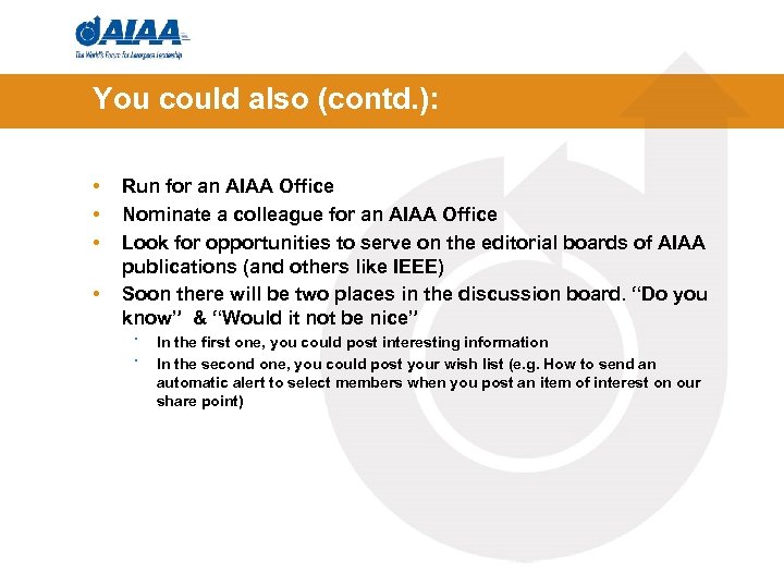 You could also (contd. ): • • Run for an AIAA Office Nominate a