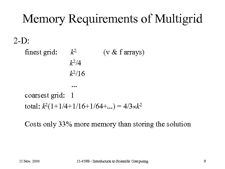 Memory Requirements of Multigrid 2 -D: finest grid: k 2 (v & f arrays)