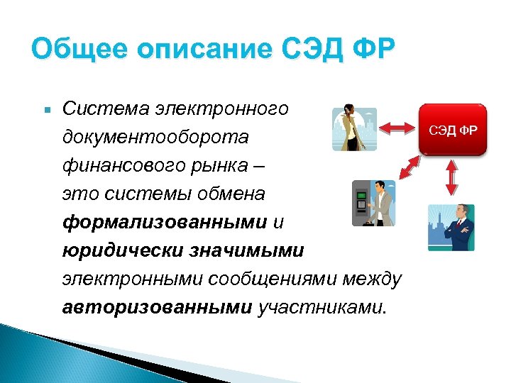 Общее описание СЭД ФР Система электронного документооборота финансового рынка – это системы обмена формализованными