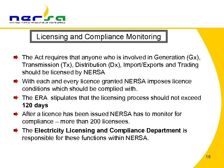 Licensing and Compliance Monitoring The Act requires that anyone who is involved in Generation