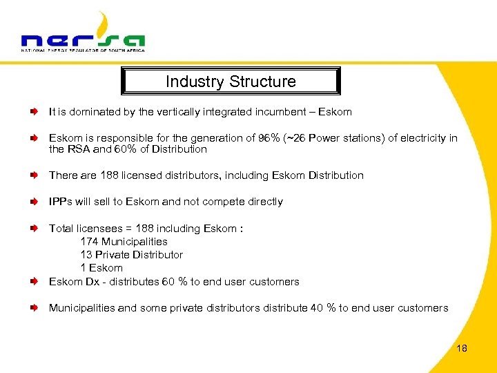 Industry Structure It is dominated by the vertically integrated incumbent – Eskom is responsible