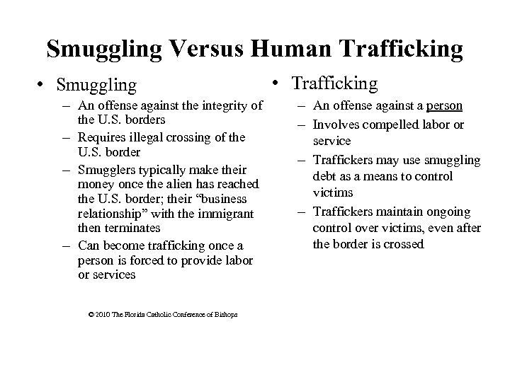 Smuggling Versus Human Trafficking • Smuggling – An offense against the integrity of the