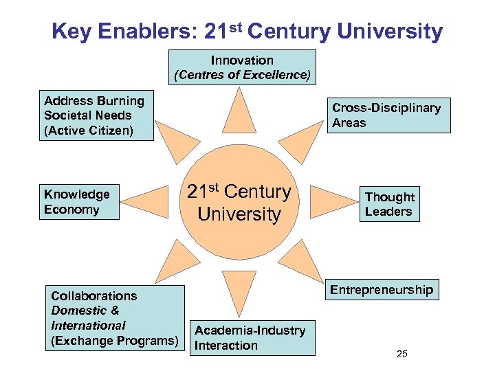 Key Enablers: 21 st Century University Innovation (Centres of Excellence) Address Burning Societal Needs