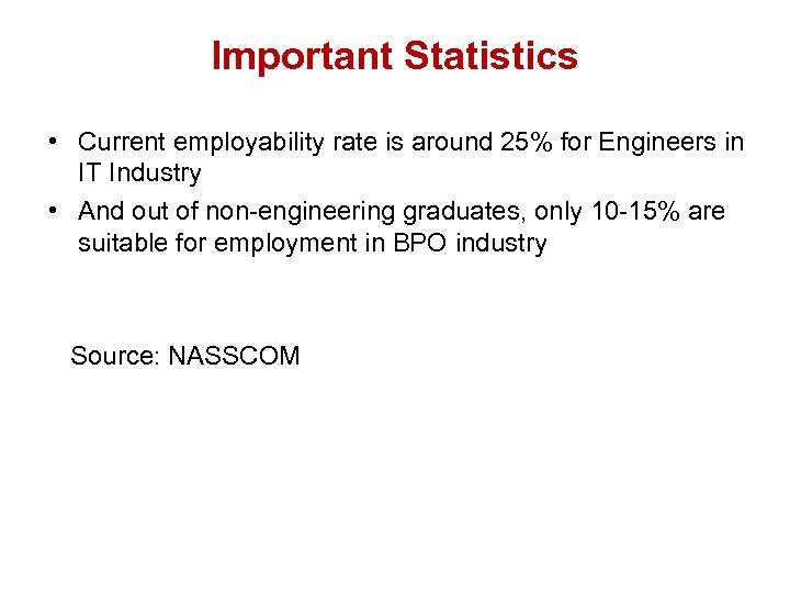 Important Statistics • Current employability rate is around 25% for Engineers in IT Industry