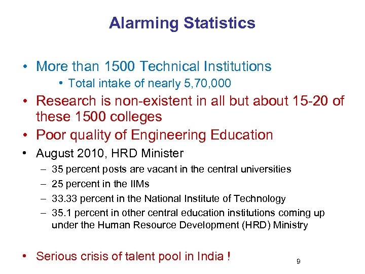 Alarming Statistics • More than 1500 Technical Institutions • Total intake of nearly 5,