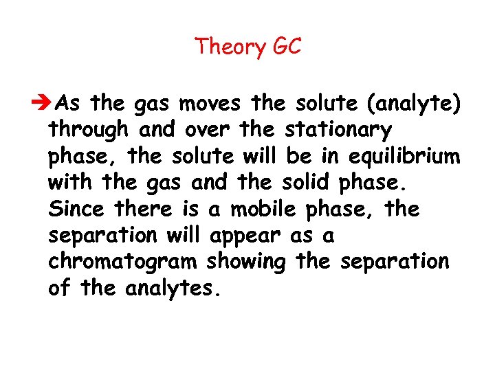 Theory GC èAs the gas moves the solute (analyte) through and over the stationary