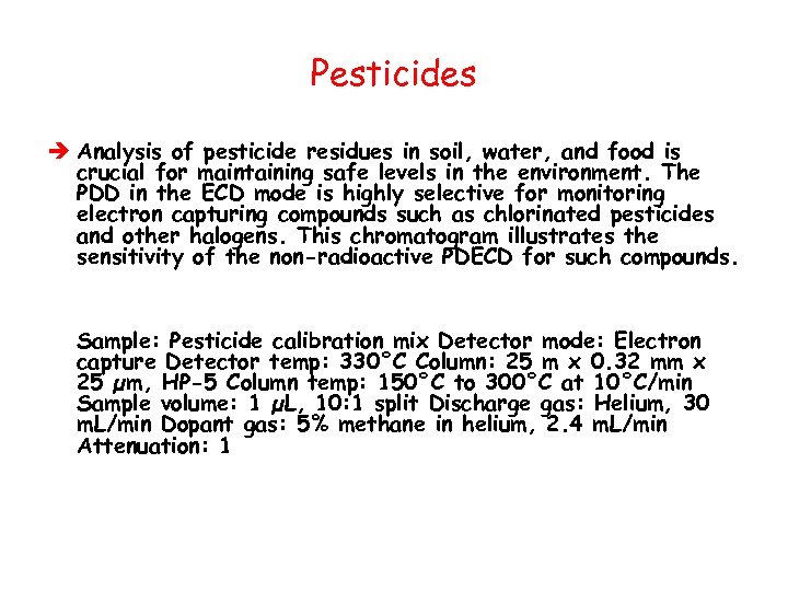 Pesticides è Analysis of pesticide residues in soil, water, and food is crucial for