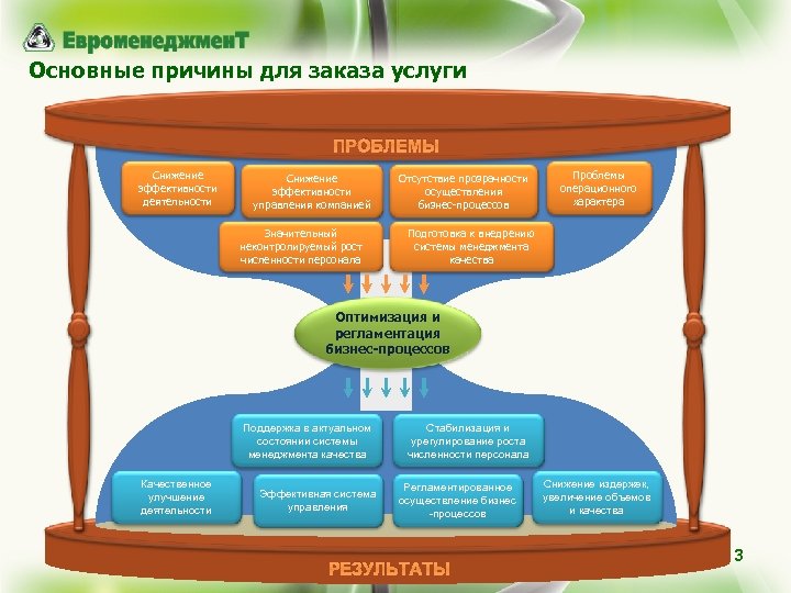 Основные причины для заказа услуги ПРОБЛЕМЫ Снижение эффективности деятельности Снижение эффективности управления компанией Значительный