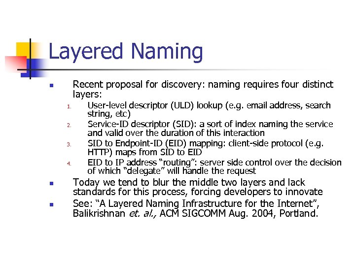 Layered Naming Recent proposal for discovery: naming requires four distinct layers: n 1. 2.