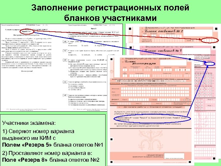 Заполнение регистрационных полей бланков участниками Участники экзамена: 1) Сверяют номер варианта выданного им КИМ