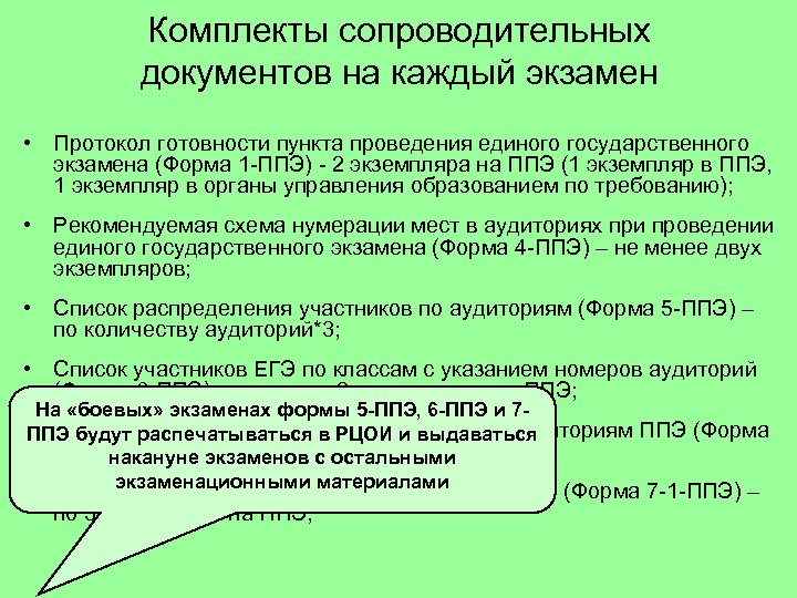 Комплекты сопроводительных документов на каждый экзамен • Протокол готовности пункта проведения единого государственного экзамена