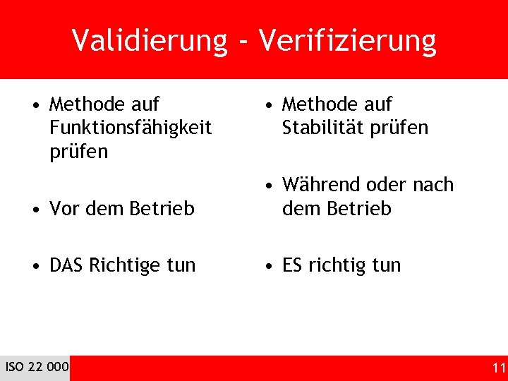 Validierung - Verifizierung • Methode auf Funktionsfähigkeit prüfen • Methode auf Stabilität prüfen •
