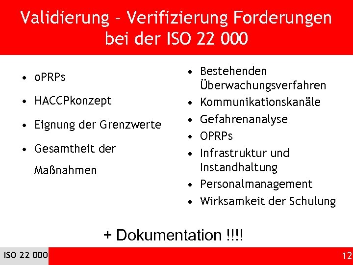 Validierung – Verifizierung Forderungen bei der ISO 22 000 • o. PRPs • HACCPkonzept