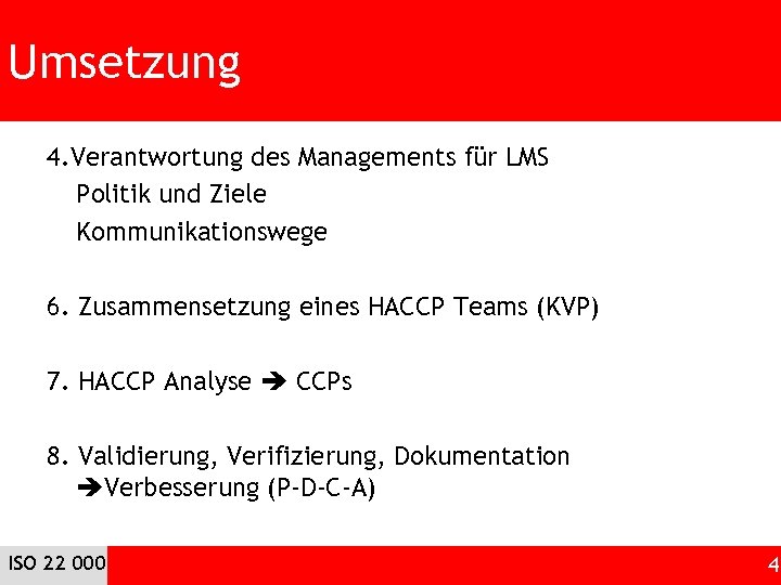 Umsetzung 4. Verantwortung des Managements für LMS Politik und Ziele Kommunikationswege 6. Zusammensetzung eines