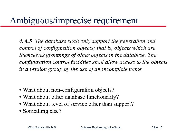 Ambiguous/imprecise requirement 4. A. 5 The database shall only support the generation and control