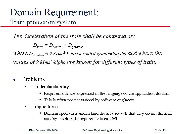 Domain Requirement: Train protection system The deceleration of the train shall be computed as: