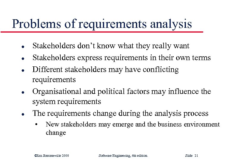 Problems of requirements analysis l l l Stakeholders don’t know what they really want