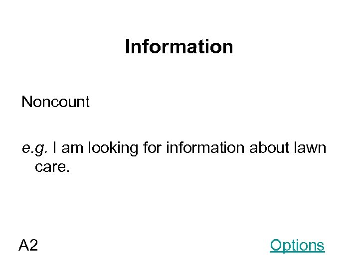 Information Noncount e. g. I am looking for information about lawn care. A 2