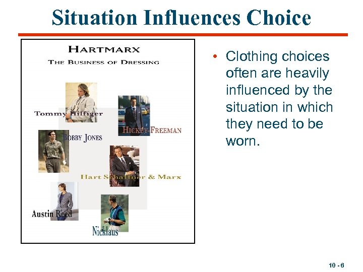 Situation Influences Choice • Clothing choices often are heavily influenced by the situation in