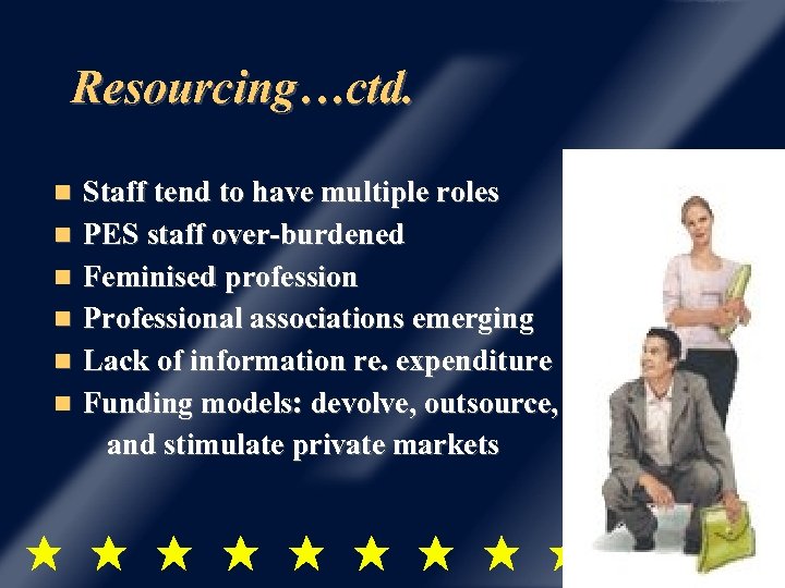 Resourcing…ctd. Staff tend to have multiple roles PES staff over-burdened Feminised profession Professional associations