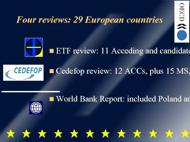 Four reviews: 29 European countries ETF review: 11 Acceding and candidate Cedefop review: 12