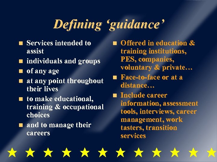 Defining ‘guidance’ Services intended to assist individuals and groups of any age at any