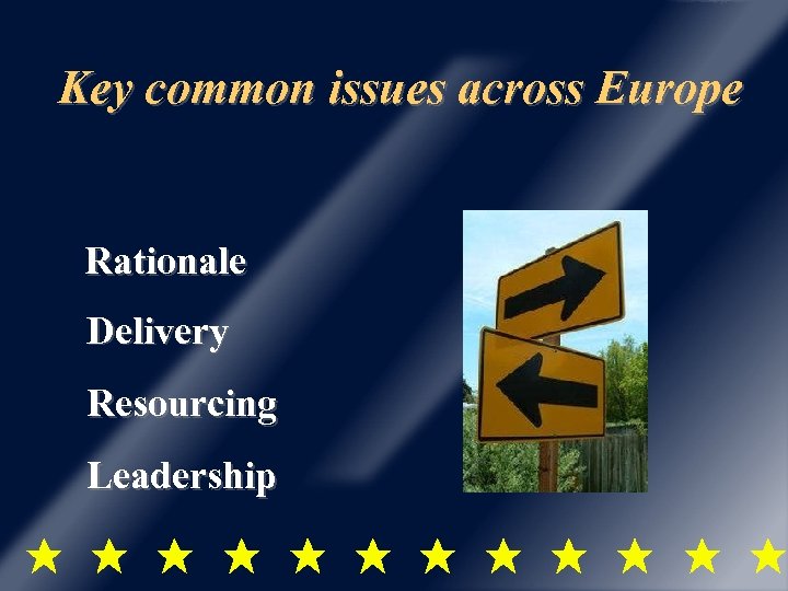 Key common issues across Europe Rationale Delivery Resourcing Leadership 