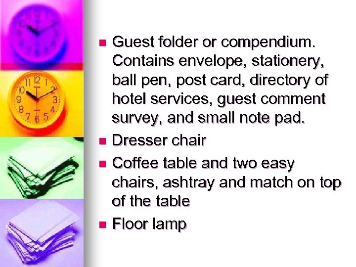 Guest folder or compendium. Contains envelope, stationery, ball pen, post card, directory of hotel