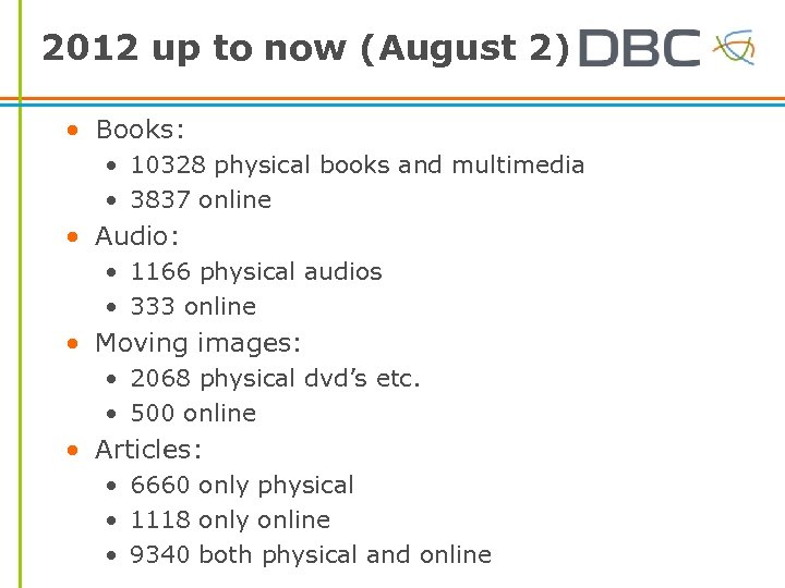 2012 up to now (August 2) • Books: • 10328 physical books and multimedia