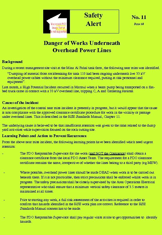 Committed to Safety Alert No. 11 June 98 Danger of Works Underneath Overhead Power