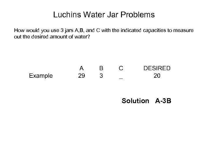 Luchins Water Jar Problems How would you use 3 jars A, B, and C