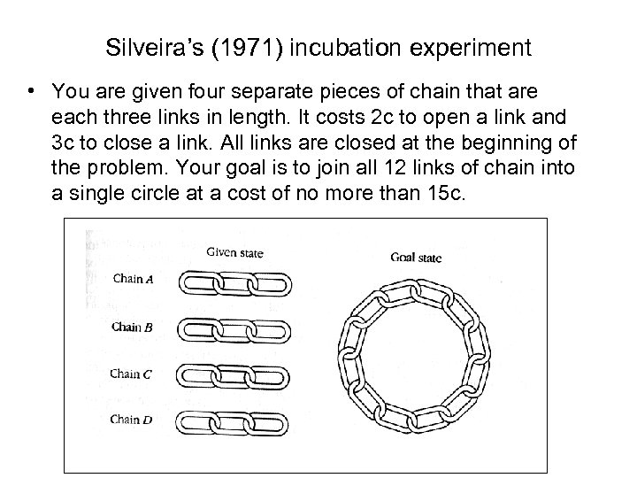 Silveira’s (1971) incubation experiment • You are given four separate pieces of chain that