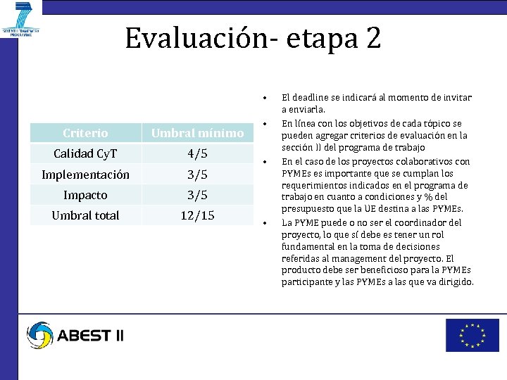 Evaluación- etapa 2 • Criterio Umbral mínimo Calidad Cy. T 4/5 Implementación 3/5 Impacto