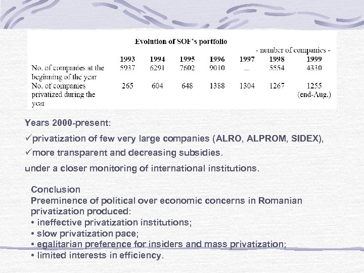Years 2000 -present: üprivatization of few very large companies (ALRO, ALPROM, SIDEX), ümore transparent