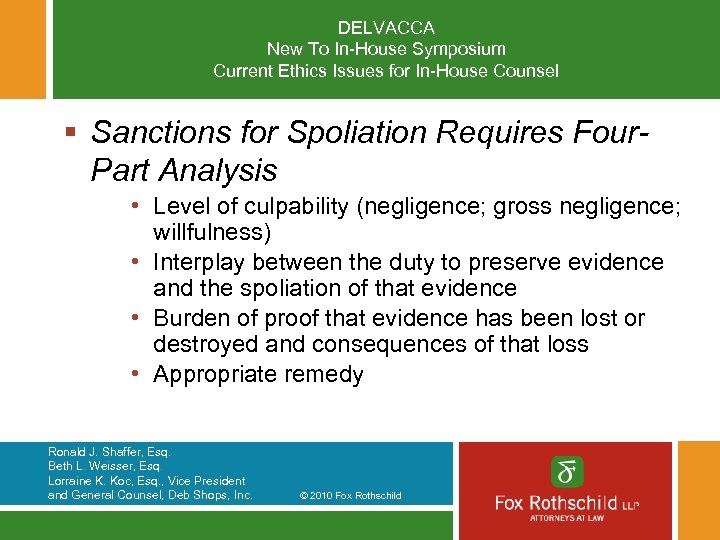 DELVACCA New To In-House Symposium Current Ethics Issues for In-House Counsel § Sanctions for