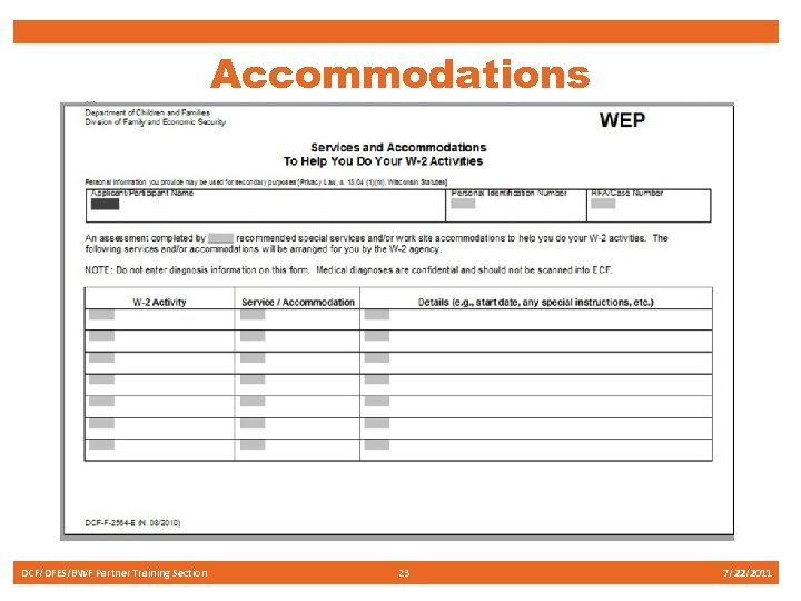 Accommodations DCF/DFES/BWF Partner Training Section 23 7/22/2011 